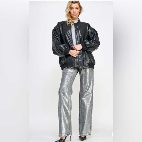 ZIP UP POCKETS PU Faux Leather Bomber Jacket - Picture 3 of 8